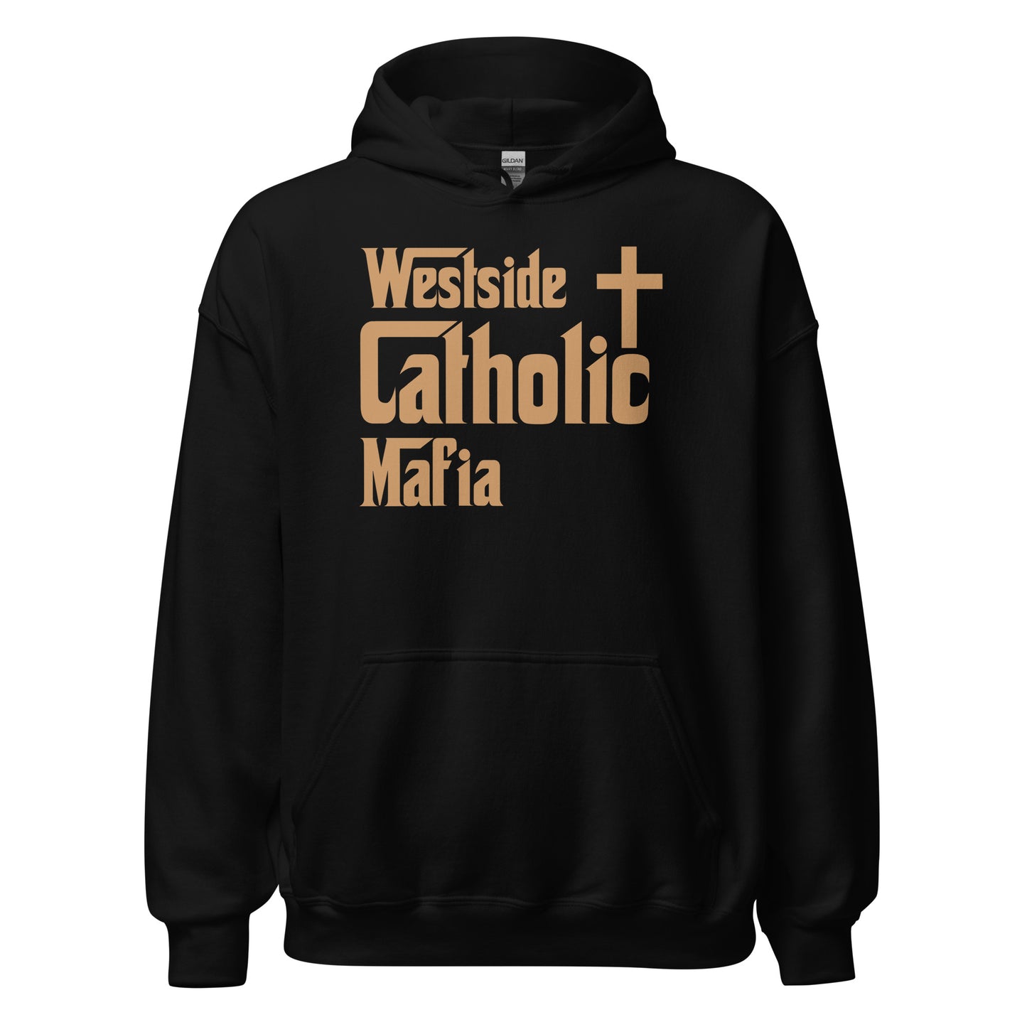 Unisex Hoodie: Westside Catholic Mafia (Tan Font) Click to explore more colors.