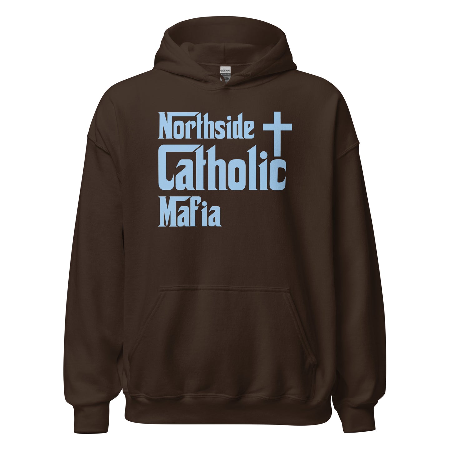 Unisex Hoodie: Northside Catholic Mafia (Baby Blue Font) Click to explore more colors.