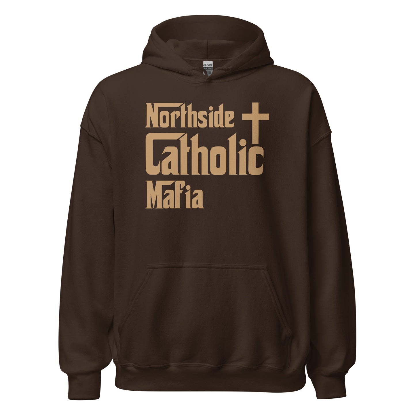 Unisex Hoodie: Northside Catholic Mafia (Tan font) Click to explore more colors.
