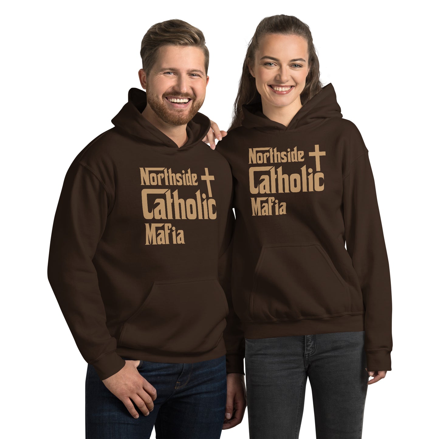 Unisex Hoodie: Northside Catholic Mafia (Tan font) Click to explore more colors.