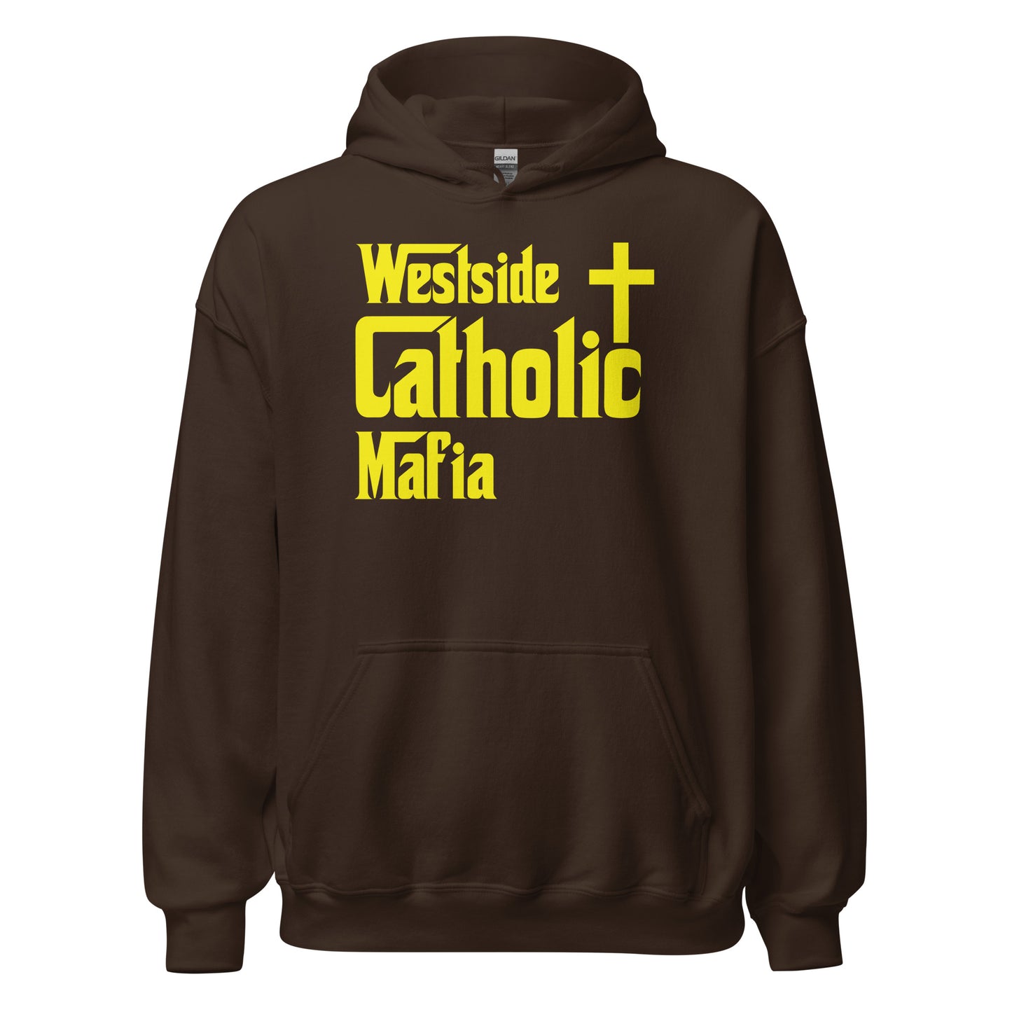 Unisex Hoodie: Westside Catholic Mafia (Yellow Font) Click to explore more colors.