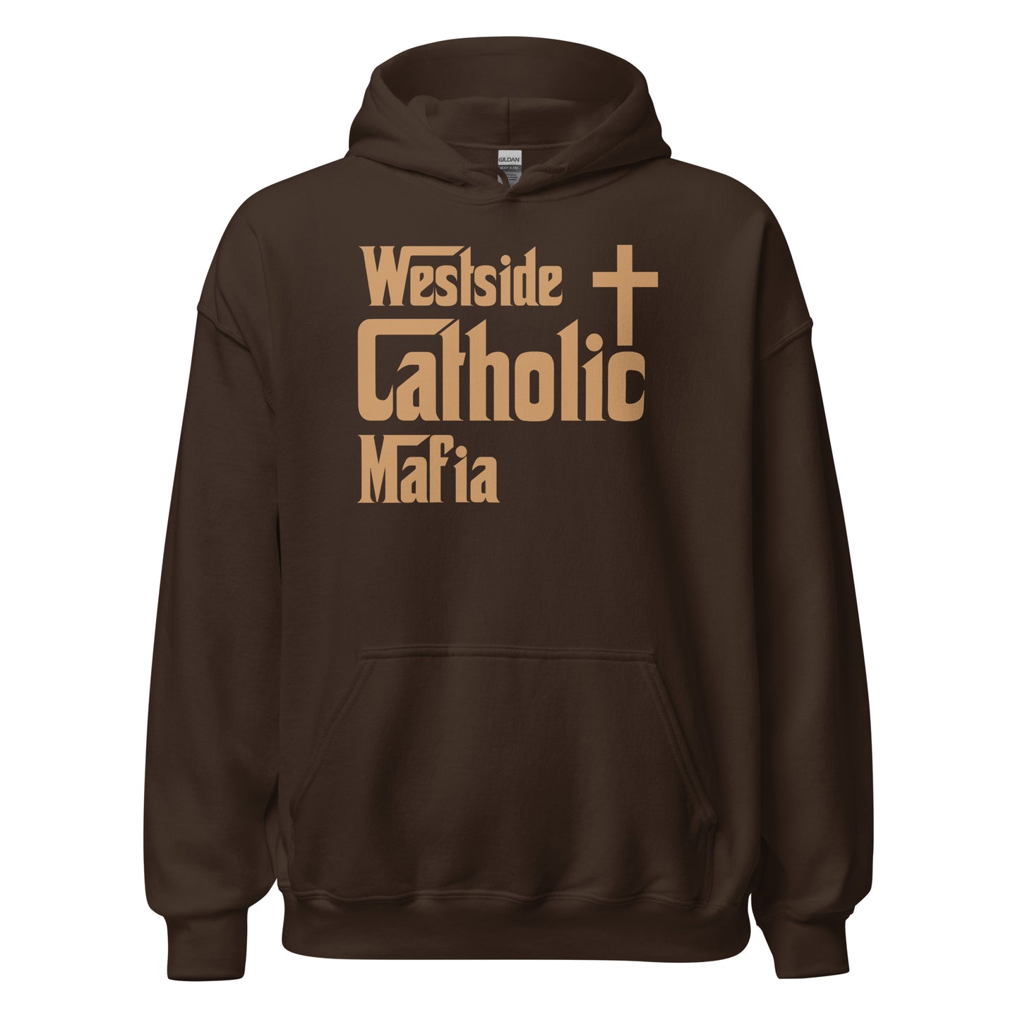 Unisex Hoodie: Westside Catholic Mafia (Tan Font) Click to explore more colors.