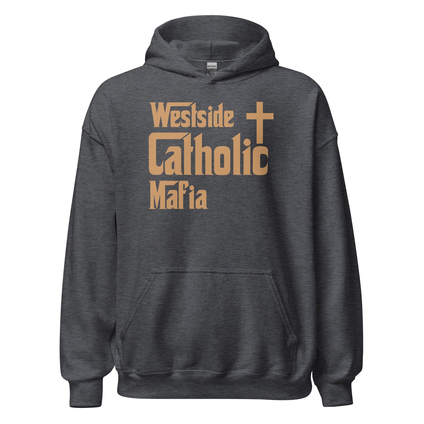 Unisex Hoodie: Westside Catholic Mafia (Tan Font) Click to explore more colors.