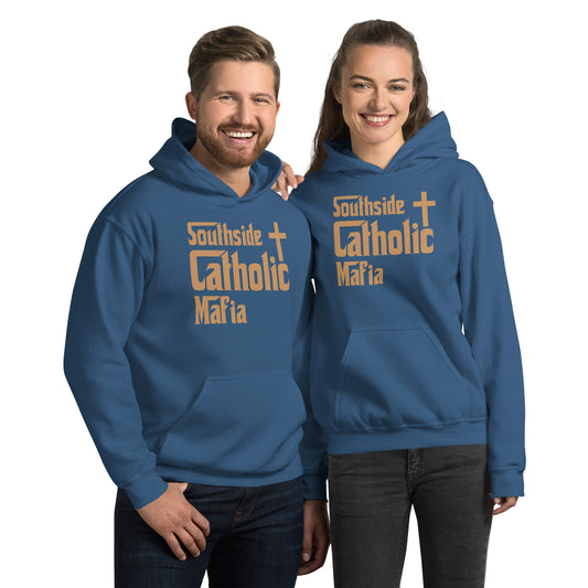 Unisex Hoodie: Southside Catholic Mafia (Tan Font) Click to explore more colors.