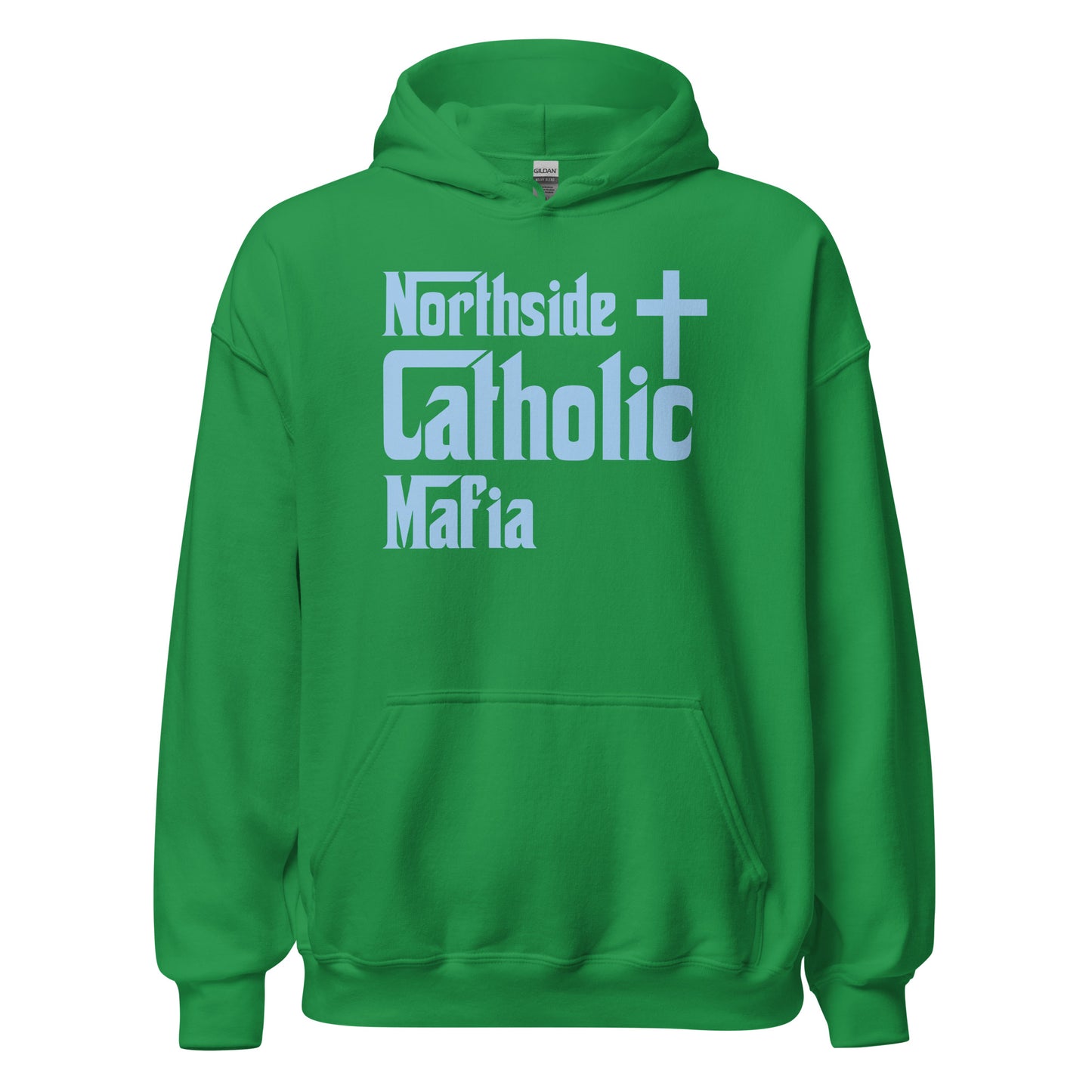 Unisex Hoodie: Northside Catholic Mafia (Baby Blue Font) Click to explore more colors.