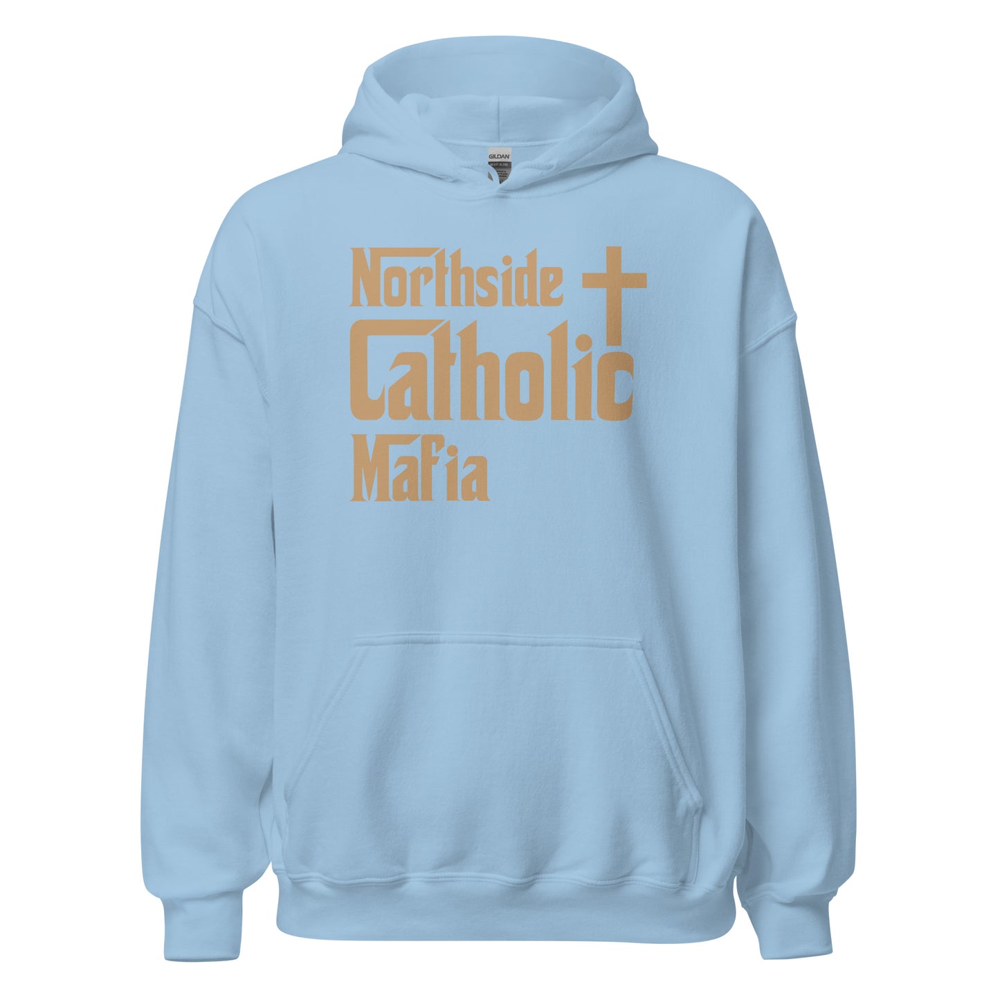 Unisex Hoodie: Northside Catholic Mafia (Tan font) Click to explore more colors.