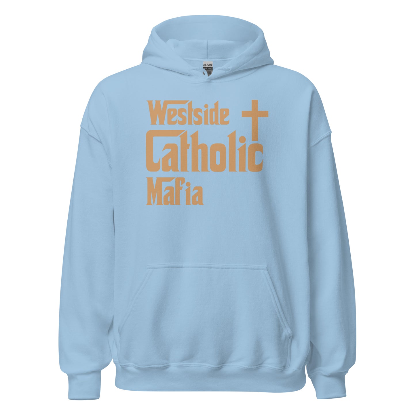Unisex Hoodie: Westside Catholic Mafia (Tan Font) Click to explore more colors.