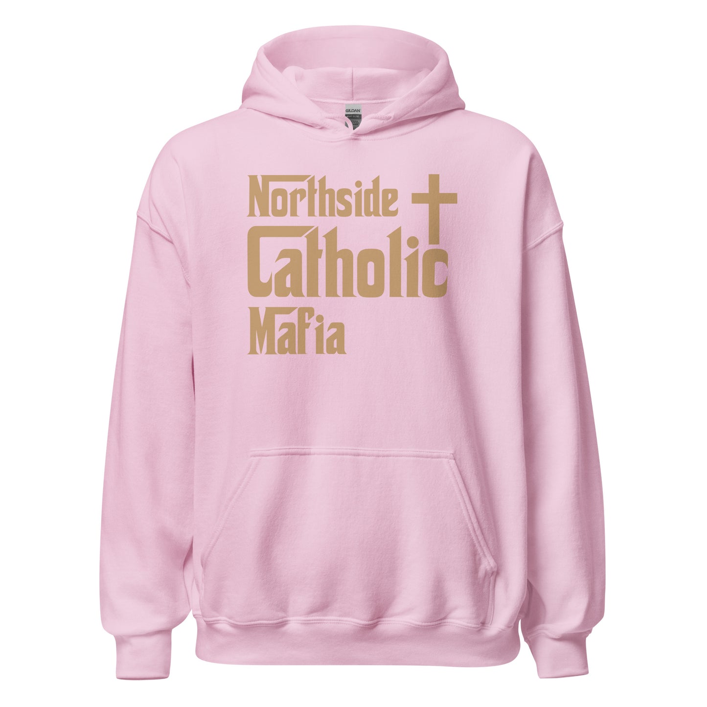 Unisex Hoodie: Northside Catholic Mafia (Tan font) Click to explore more colors.