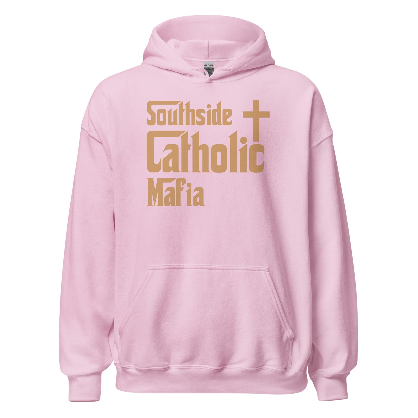 Unisex Hoodie: Southside Catholic Mafia (Tan Font) Click to explore more colors.