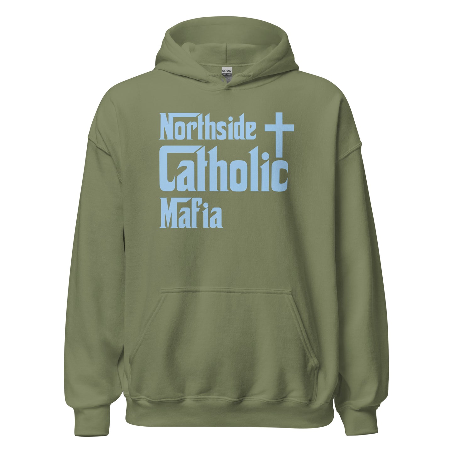 Unisex Hoodie: Northside Catholic Mafia (Baby Blue Font) Click to explore more colors.