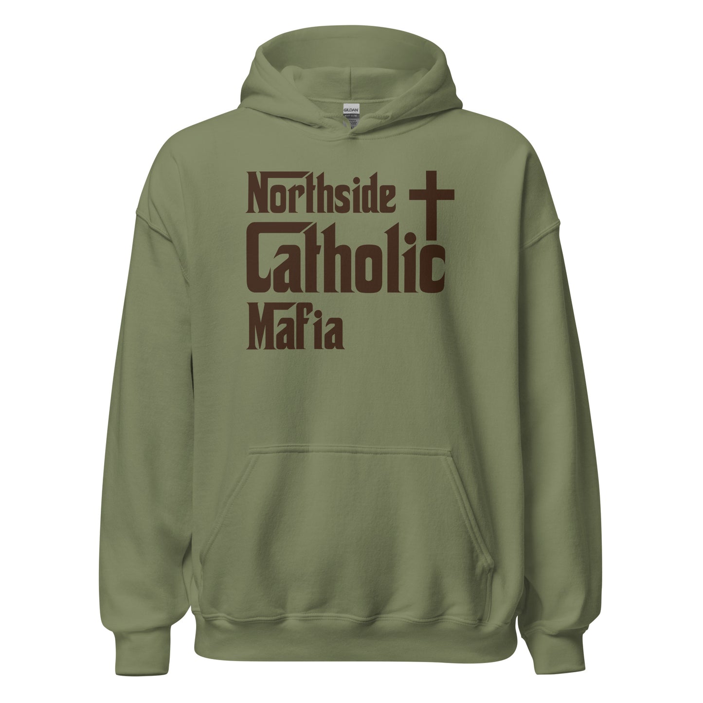Unisex Hoodie: Northside Catholic Mafia (Brown Font) Click to explore more colors.