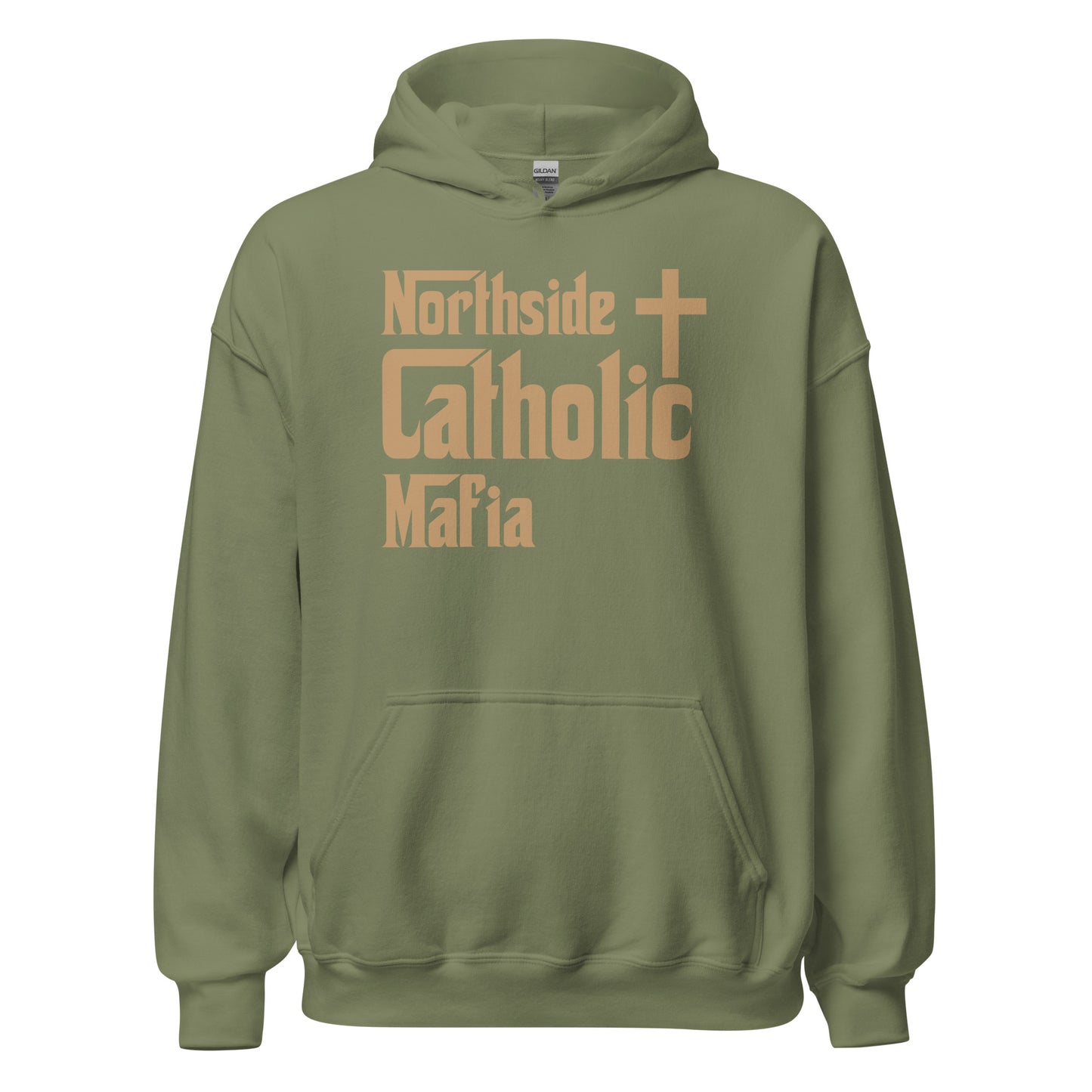 Unisex Hoodie: Northside Catholic Mafia (Tan font) Click to explore more colors.