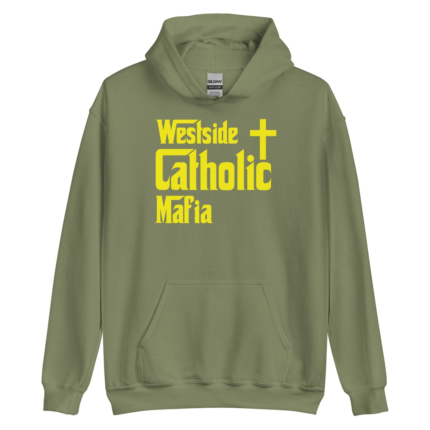 Unisex Hoodie: Westside Catholic Mafia (Yellow Font) Click to explore more colors.