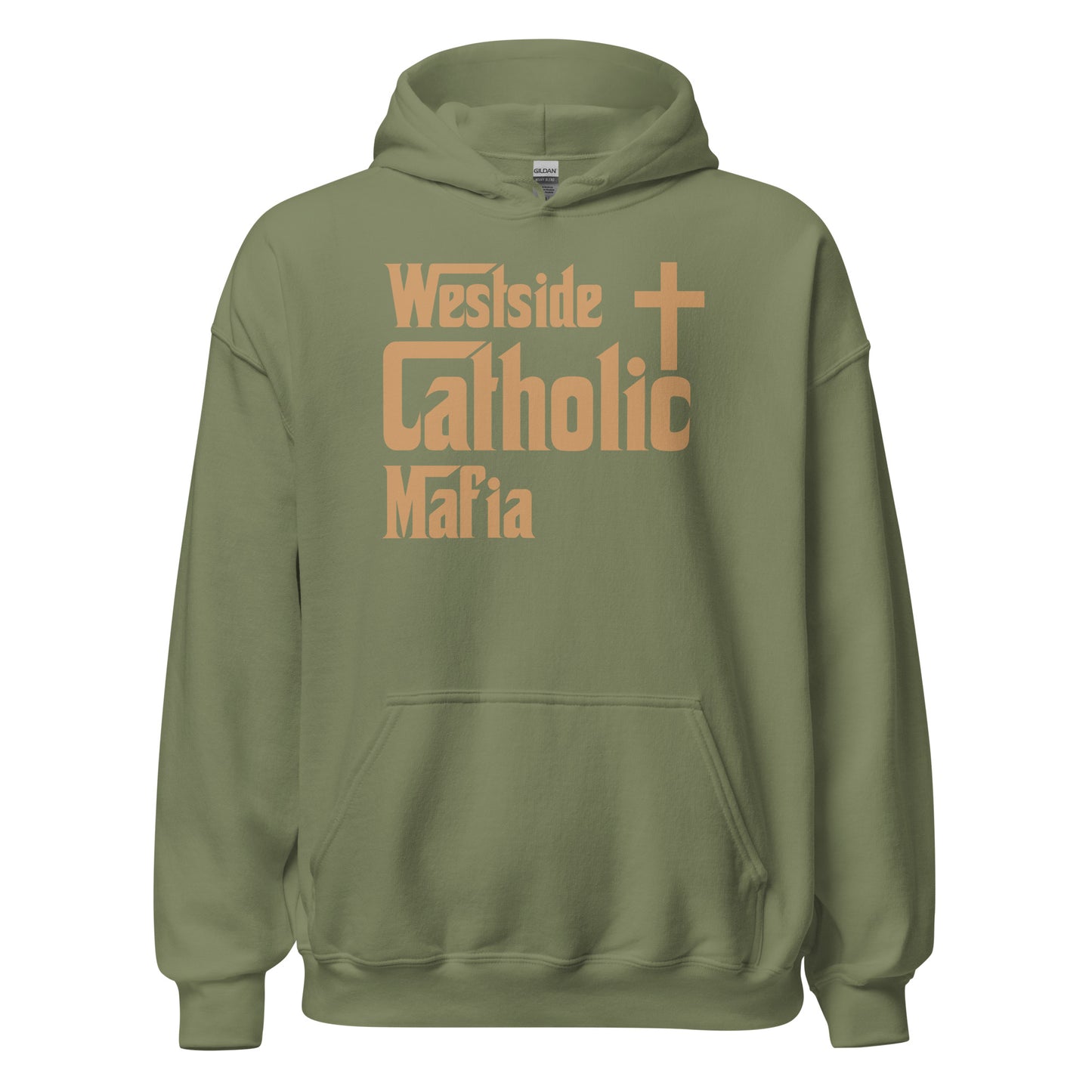Unisex Hoodie: Westside Catholic Mafia (Tan Font) Click to explore more colors.