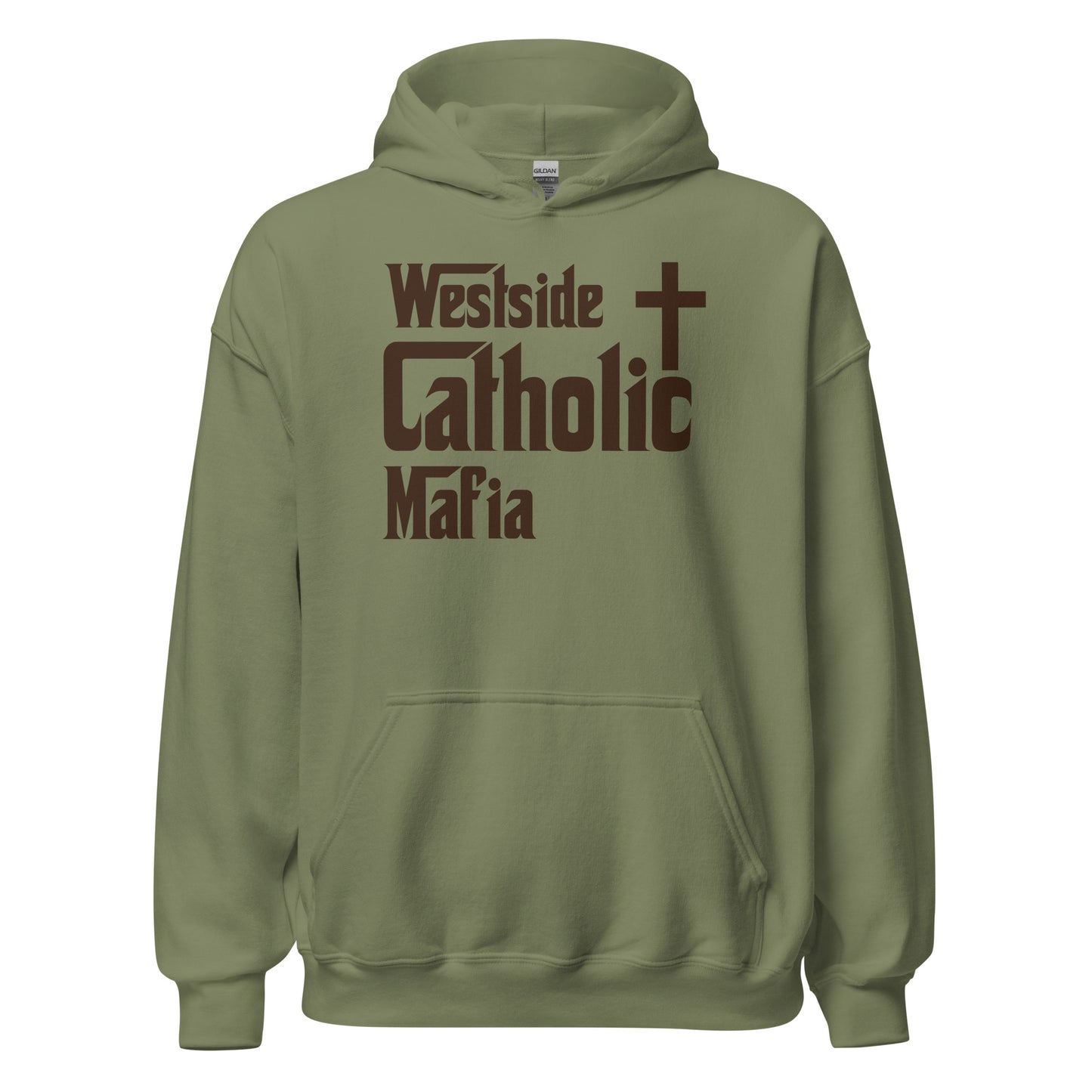 Unisex Hoodie: Westside Catholic Mafia (Brown Font) Click to explore more colors.