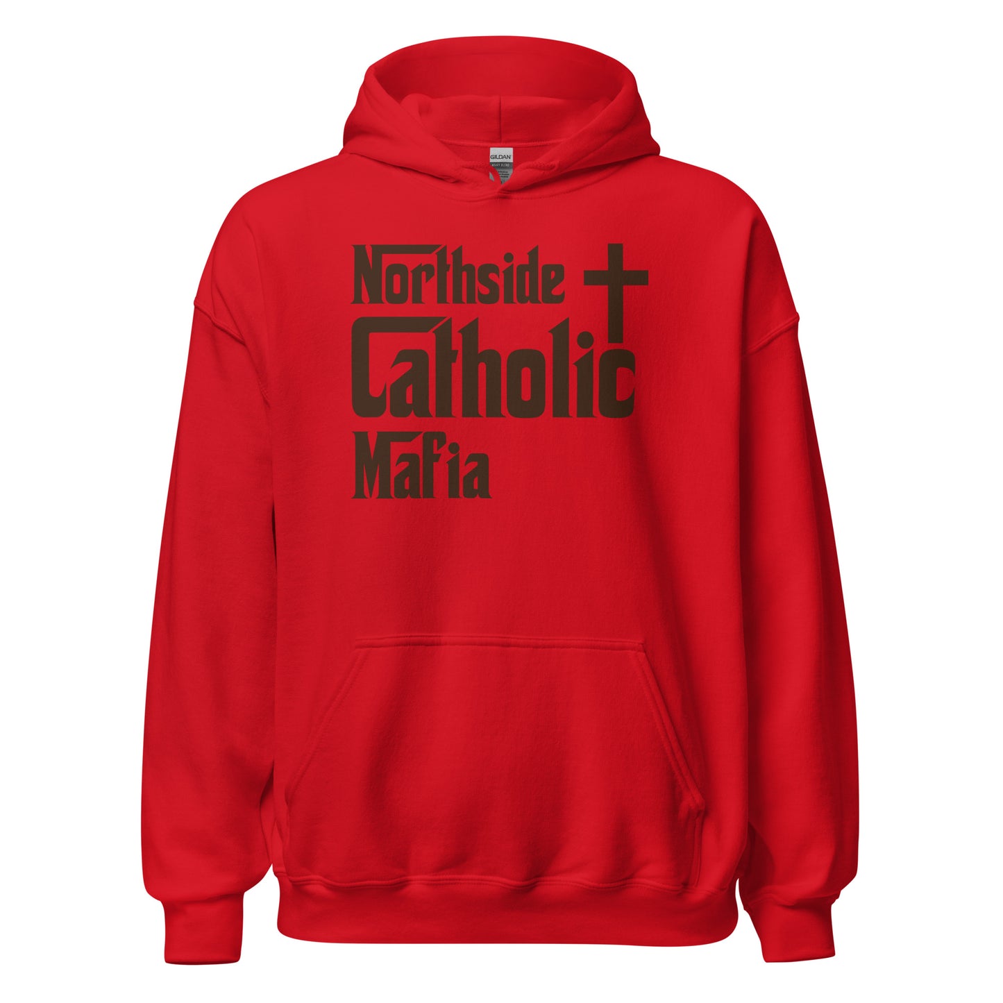 Unisex Hoodie: Northside Catholic Mafia (Brown Font) Click to explore more colors.