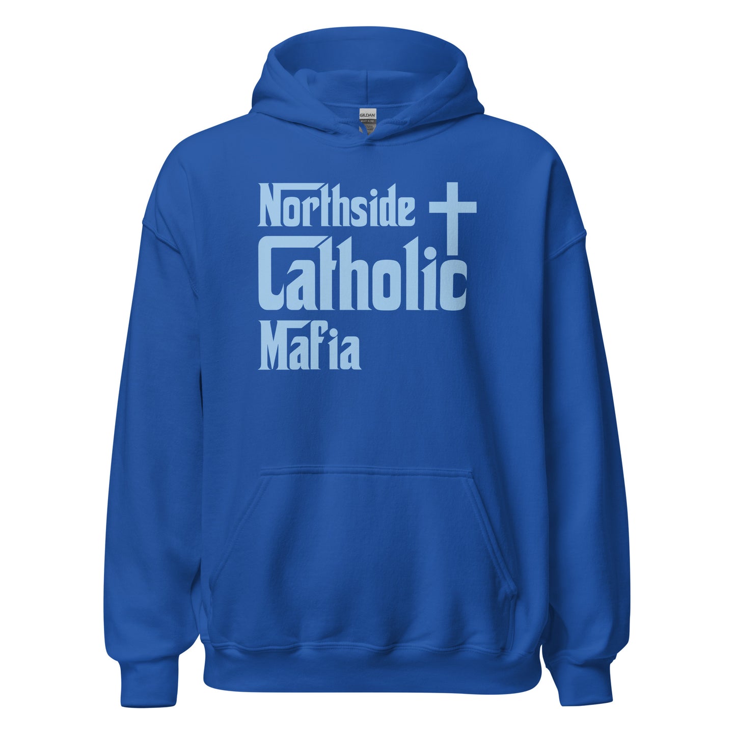 Unisex Hoodie: Northside Catholic Mafia (Baby Blue Font) Click to explore more colors.