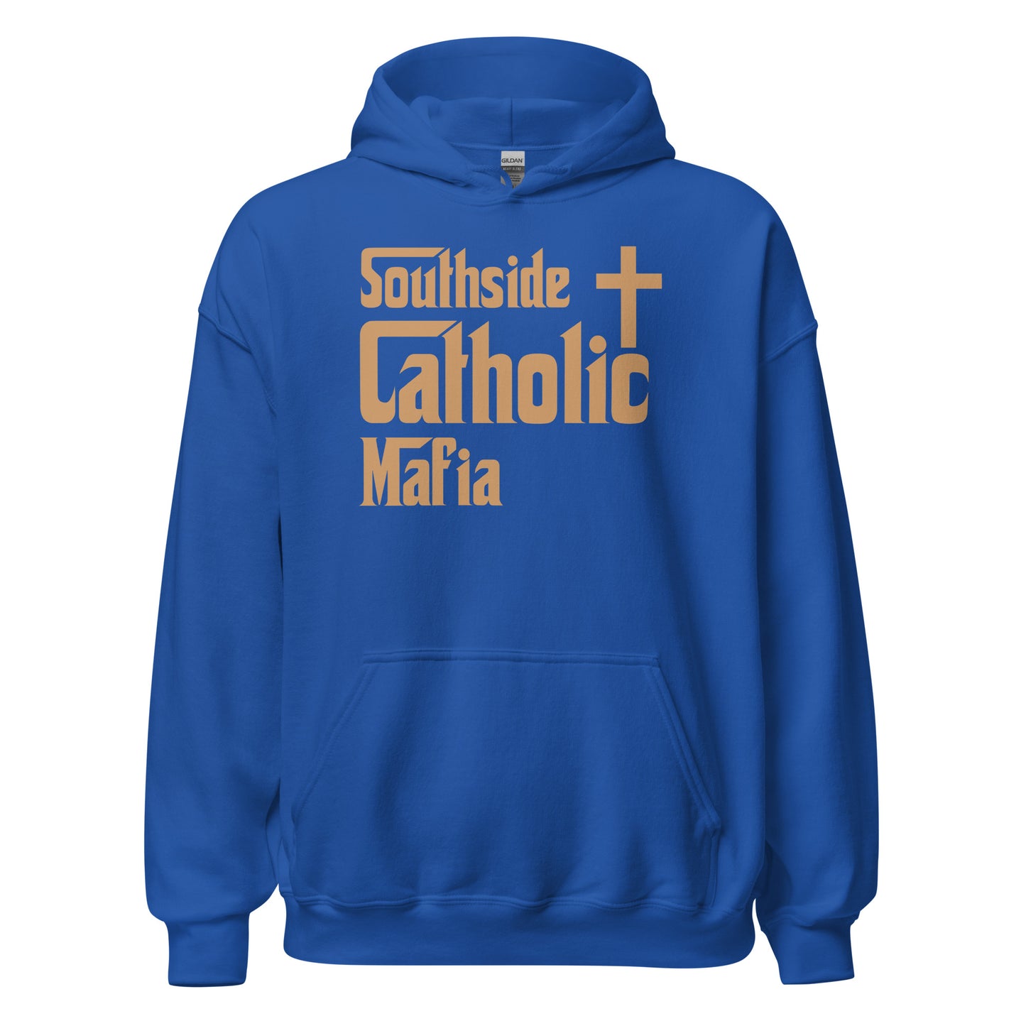 Unisex Hoodie: Southside Catholic Mafia (Tan Font) Click to explore more colors.