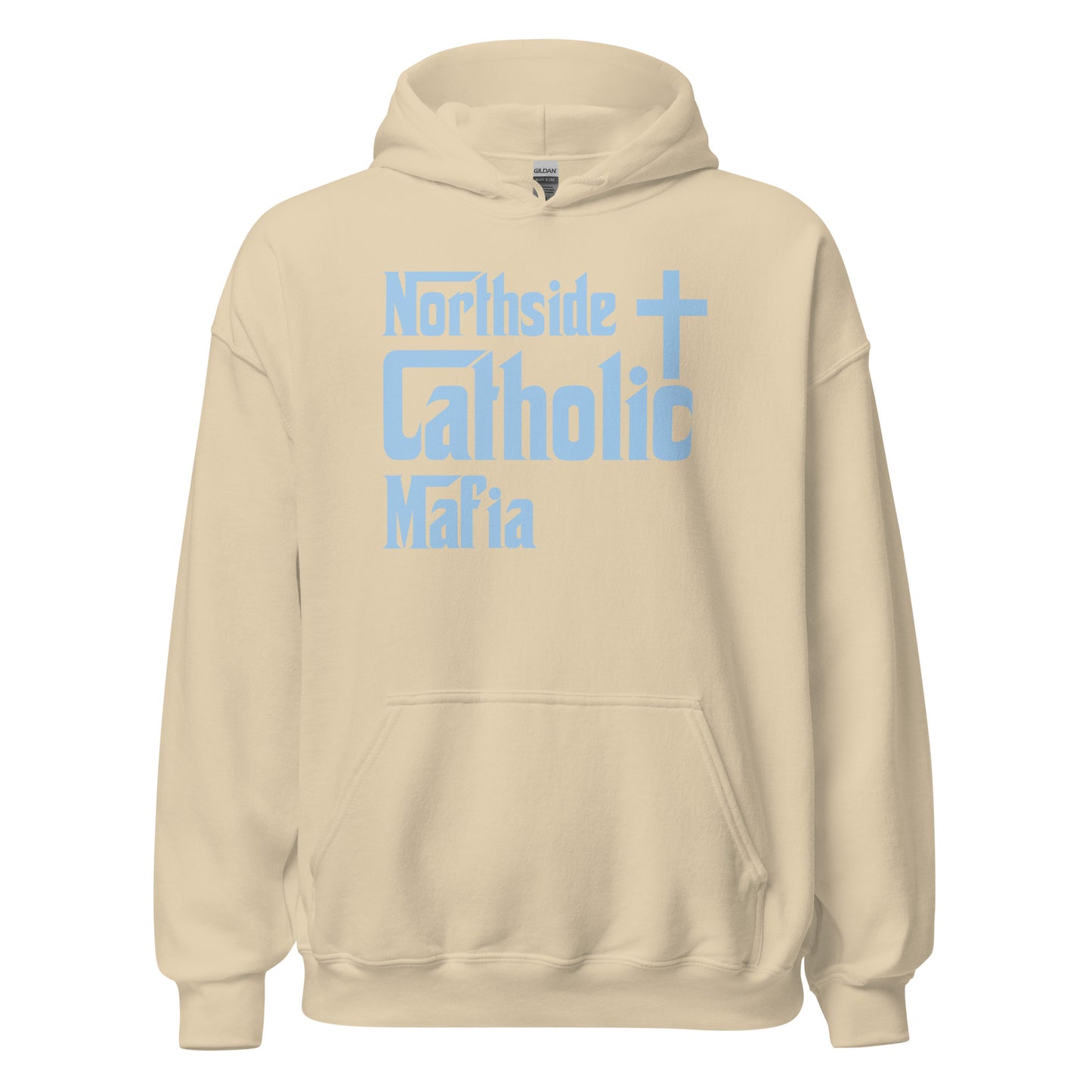 Unisex Hoodie: Northside Catholic Mafia (Baby Blue Font) Click to explore more colors.