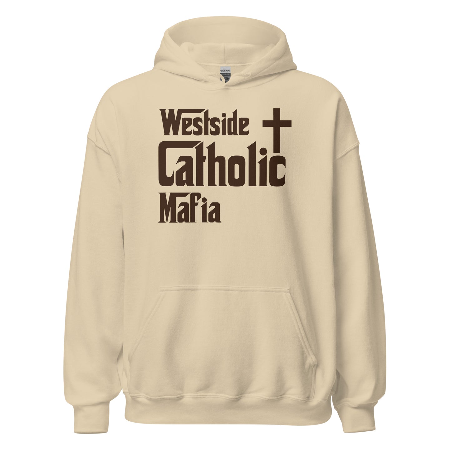 Unisex Hoodie: Westside Catholic Mafia (Brown Font) Click to explore more colors.