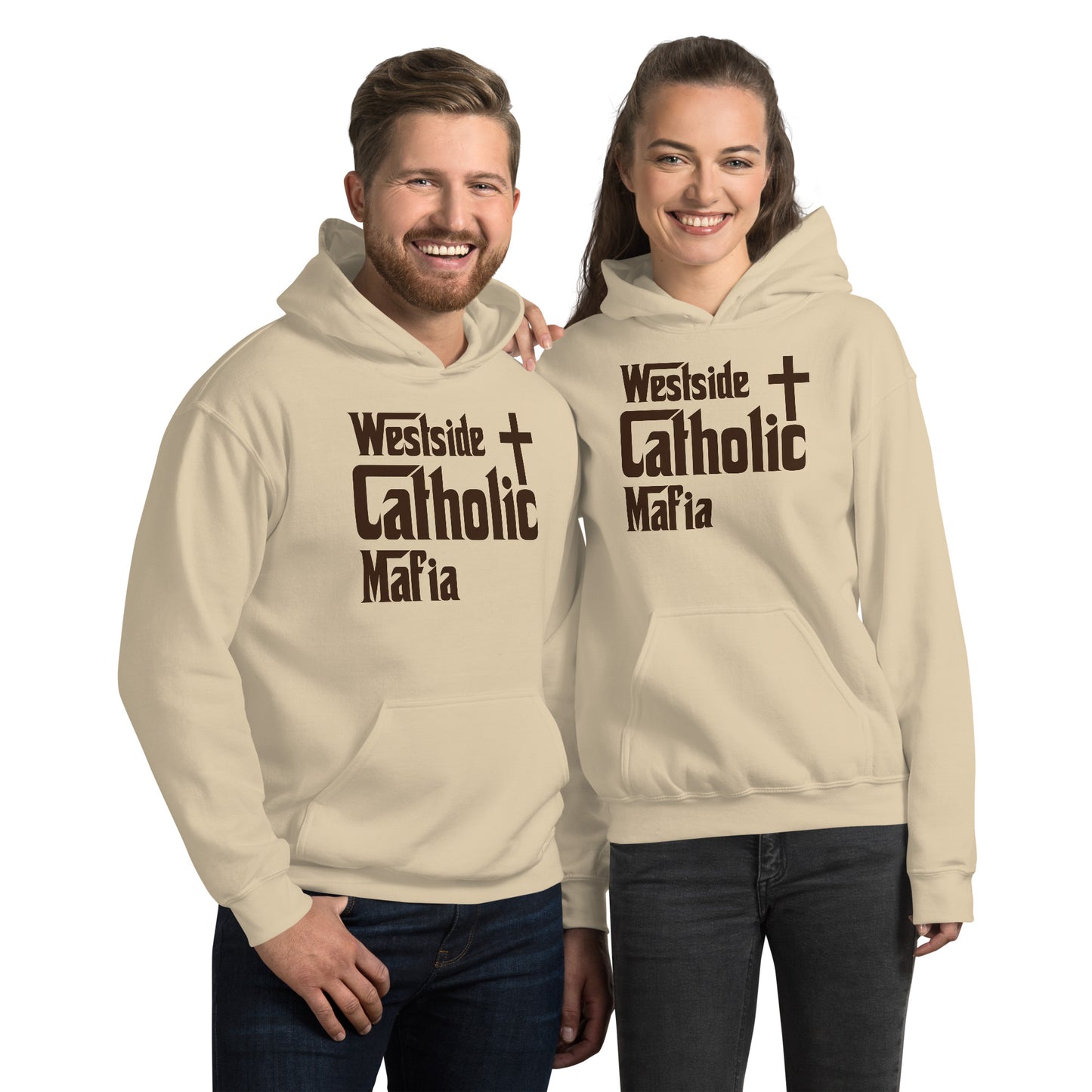 Unisex Hoodie: Westside Catholic Mafia (Brown Font) Click to explore more colors.