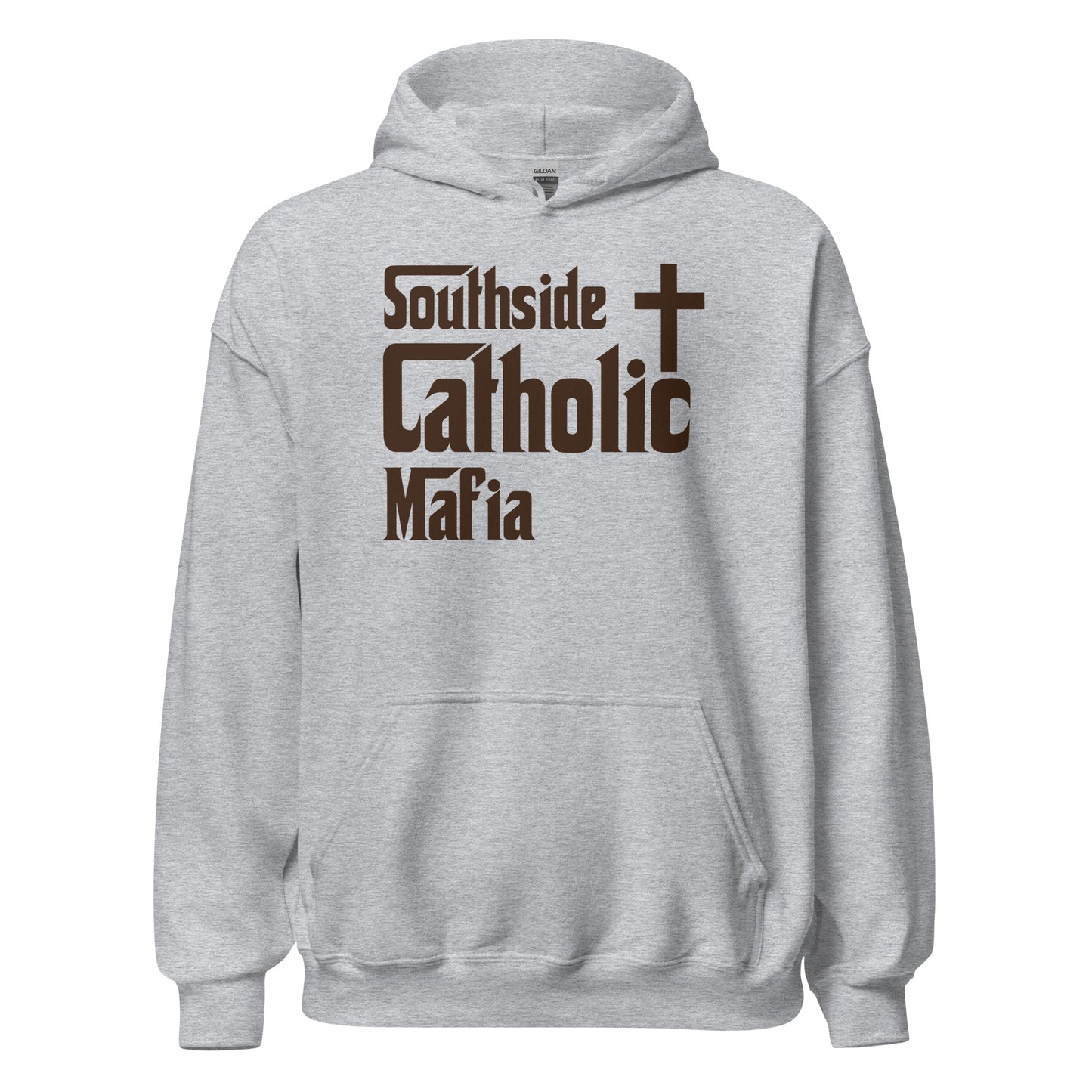 Unisex Hoodie: Southside Catholic Mafia (Brown Font) Click to explore more colors.