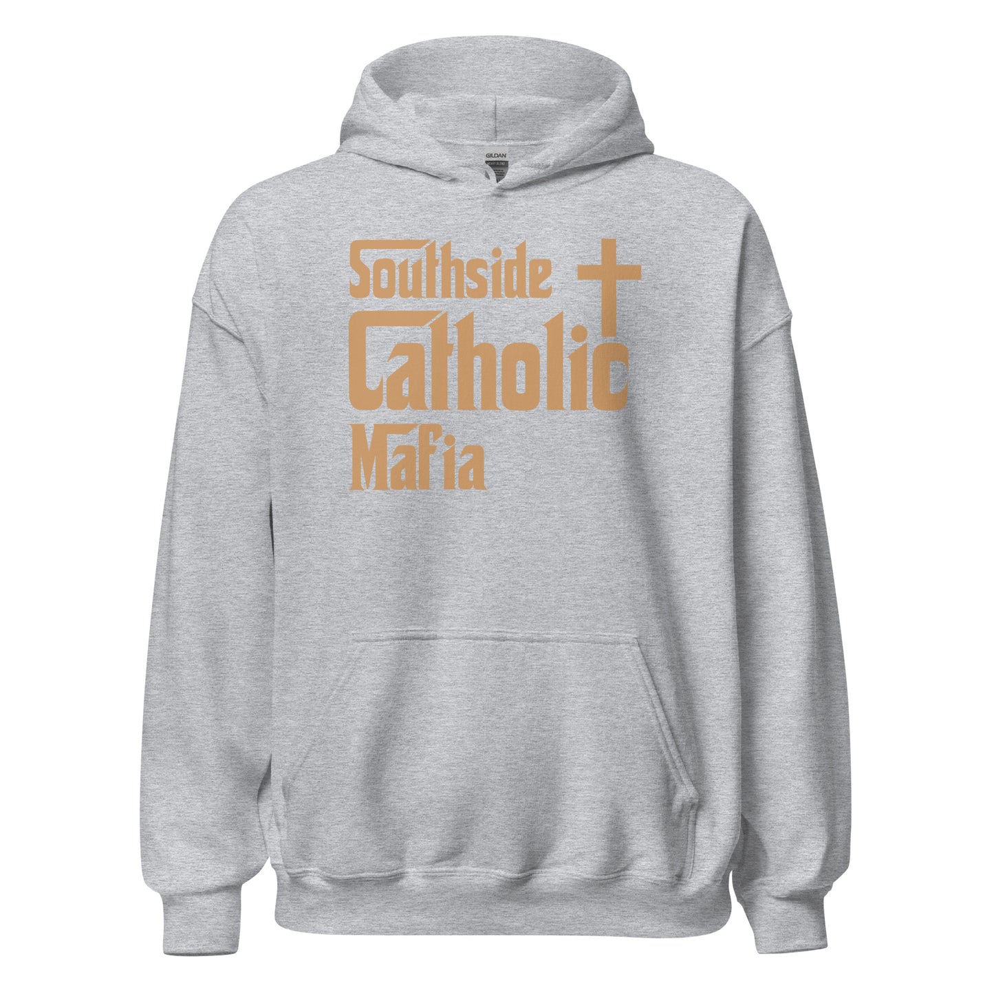Unisex Hoodie: Southside Catholic Mafia (Tan Font) Click to explore more colors.